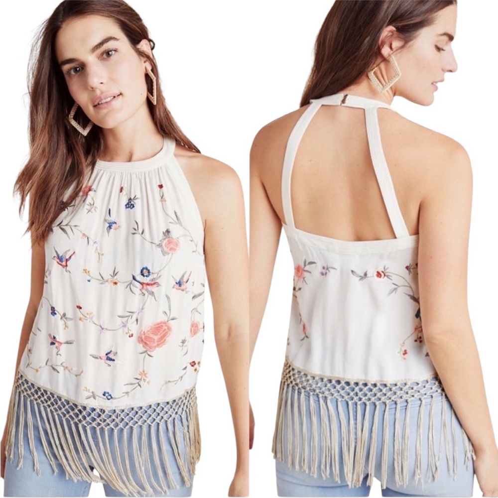 Anthropologie Gatsby Fringe Embroidered Floral Statement Tank Halter Top 12